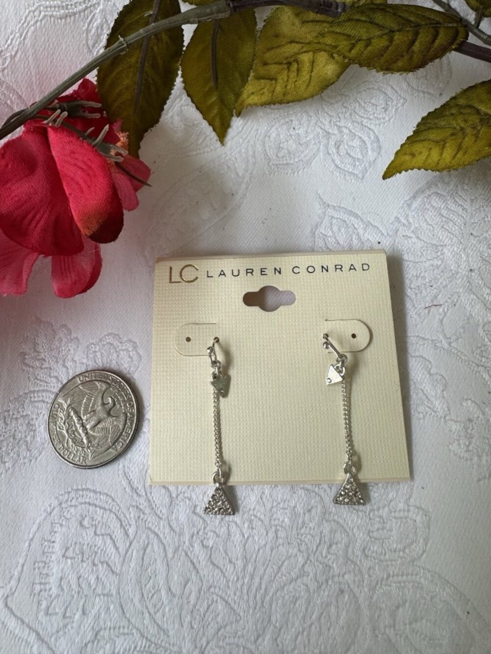 LC Lauren Conrad Dainty Thin Bling Triangle Bar Earrings Dangle SilverTone NEW